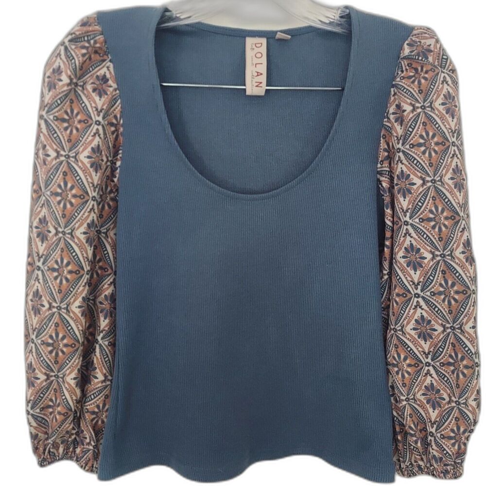 Dolan Anthropologie Top XXS Puff Sleeve Blue Ribbed Shirt